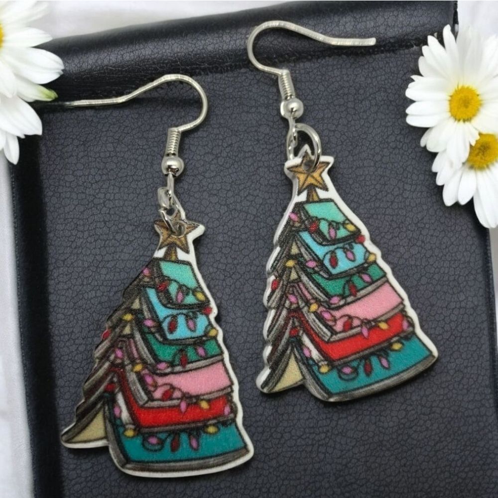 Books Christmas Tree Earrings Festive Holiday Reader Writer Bookworm Gifts Cute